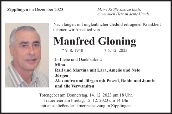 Traueranzeige von Manfred Gloning von Schwäbische Post