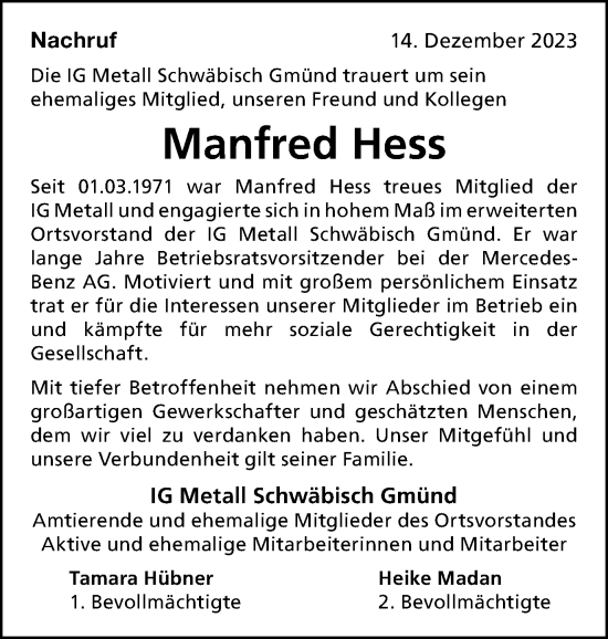 Traueranzeige von Manfred Hess von Gmünder Tagespost
