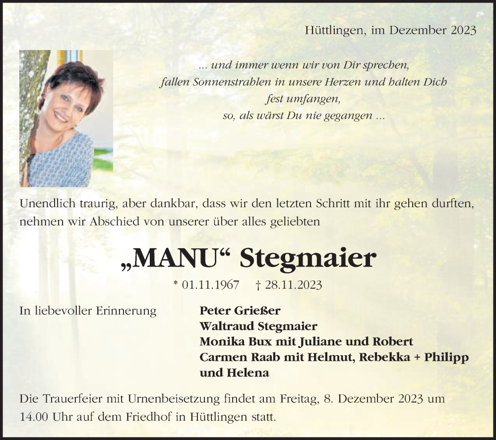  Traueranzeige für Manu Stegmaier vom 05.12.2023 aus Schwäbische Post