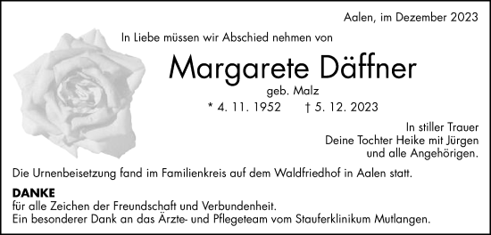 Traueranzeige von Margarete Däffner von Schwäbische Post