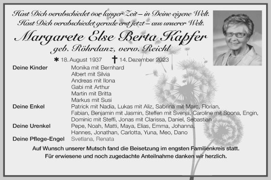 Traueranzeige von Margarete Else Berta Kapfer von Schwäbische Post