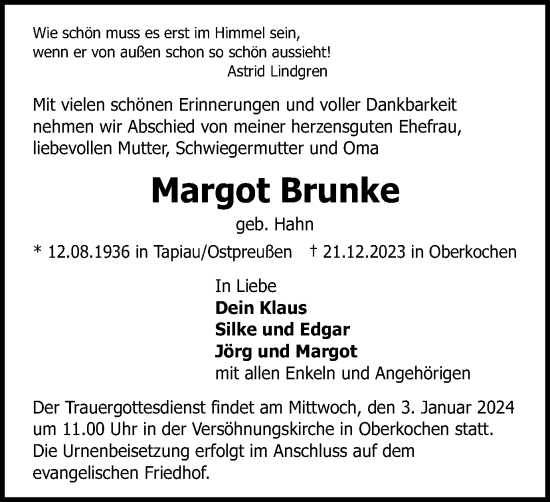 Traueranzeige von Margot Brunke von Schwäbische Post