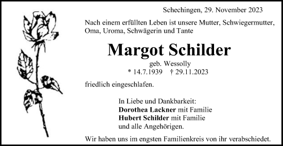 Traueranzeige von Margot Schilder