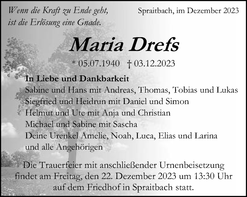  Traueranzeige für Maria Drefs vom 12.12.2023 aus Gmünder Tagespost