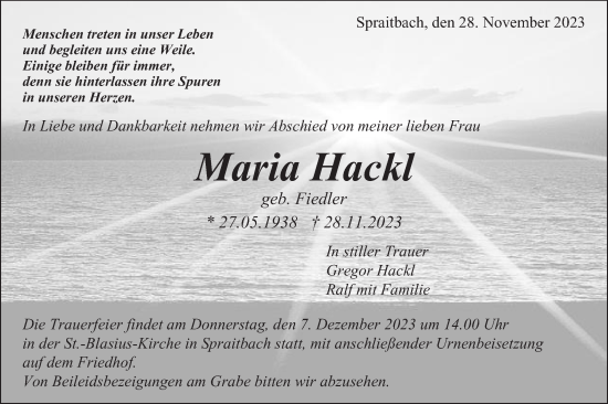 Traueranzeige von Maria Hackl von Gmünder Tagespost