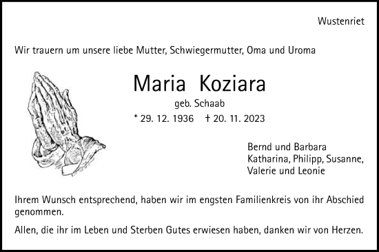Traueranzeige von Maria Koziara von Gmünder Tagespost