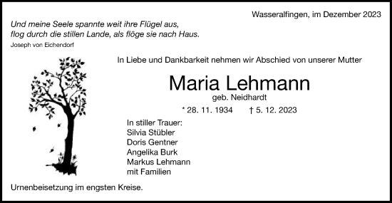 Traueranzeige von Maria Lehmann von Schwäbische Post
