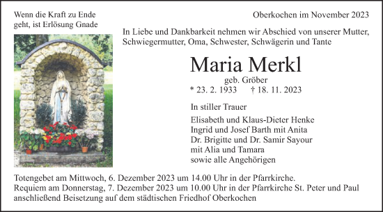 Traueranzeige von Maria Merkl von Schwäbische Post