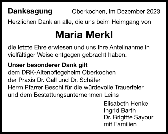 Traueranzeige von Maria Merkl von Schwäbische Post