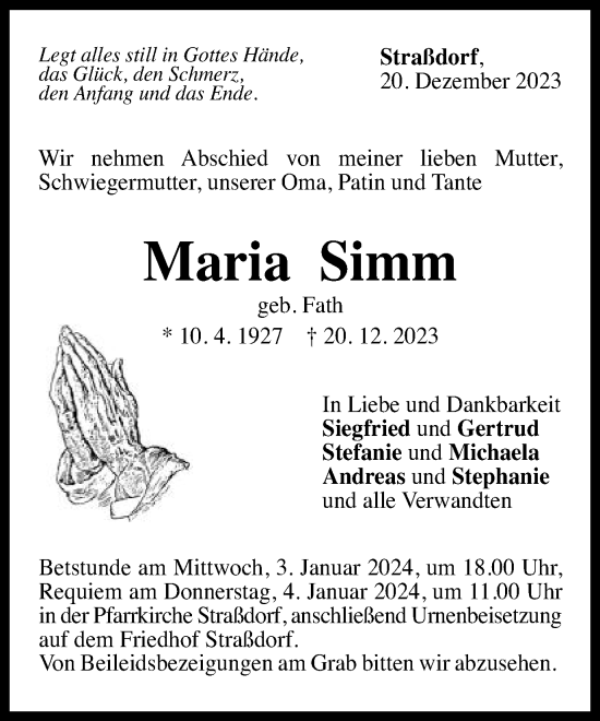 Traueranzeige von Maria Simm von Gmünder Tagespost