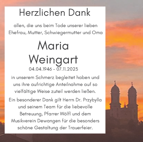 Traueranzeige von Maria Weingart von Schwäbische Post