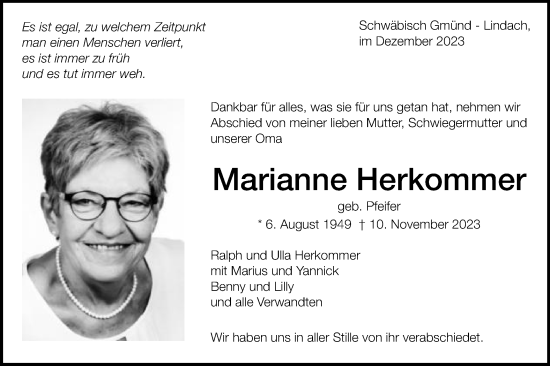 Traueranzeige von Marianne Herkommer von Gmünder Tagespost