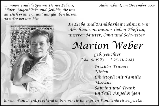 Traueranzeige von Marion Weber von Schwäbische Post