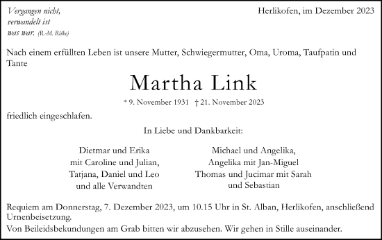 Traueranzeige von Martha Link von Gmünder Tagespost