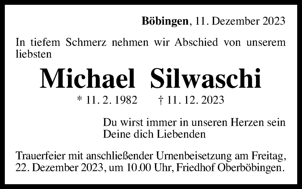  Traueranzeige für Michael Silwaschi vom 19.12.2023 aus Gmünder Tagespost
