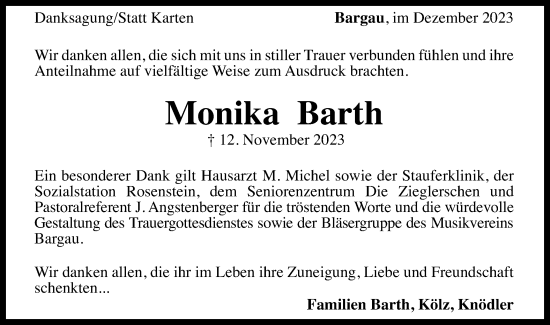 Traueranzeige von Monika Barth von Gmünder Tagespost