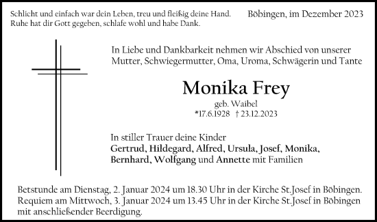 Traueranzeige von Monika Frey von Gmünder Tagespost