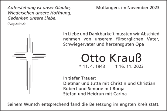 Traueranzeige von Otto Krauß von Gmünder Tagespost