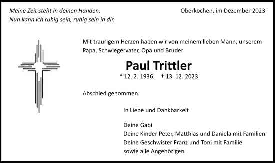 Traueranzeige von Paul Trittler von Schwäbische Post