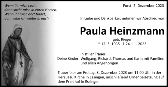 Traueranzeige von Paula Heinzmann von Schwäbische Post