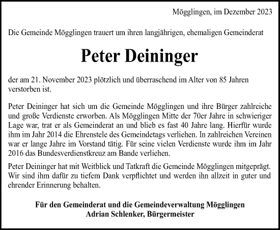 Traueranzeige von Peter Deininger von Gmünder Tagespost