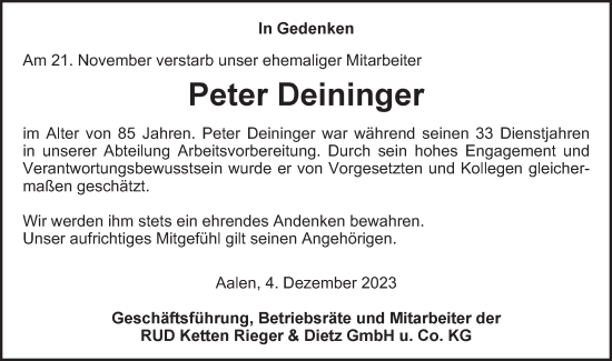 Traueranzeige von Peter Deininger von Schwäbische Post