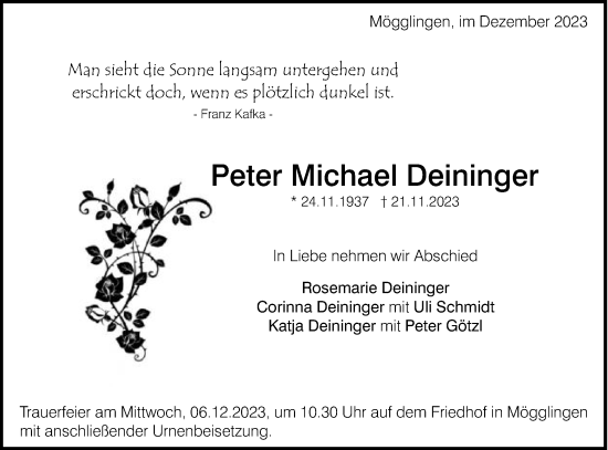 Traueranzeige von Peter Michael Deininger von Gmünder Tagespost