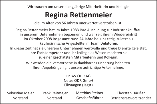 Traueranzeige von Regina Rettenmeier von Schwäbische Post