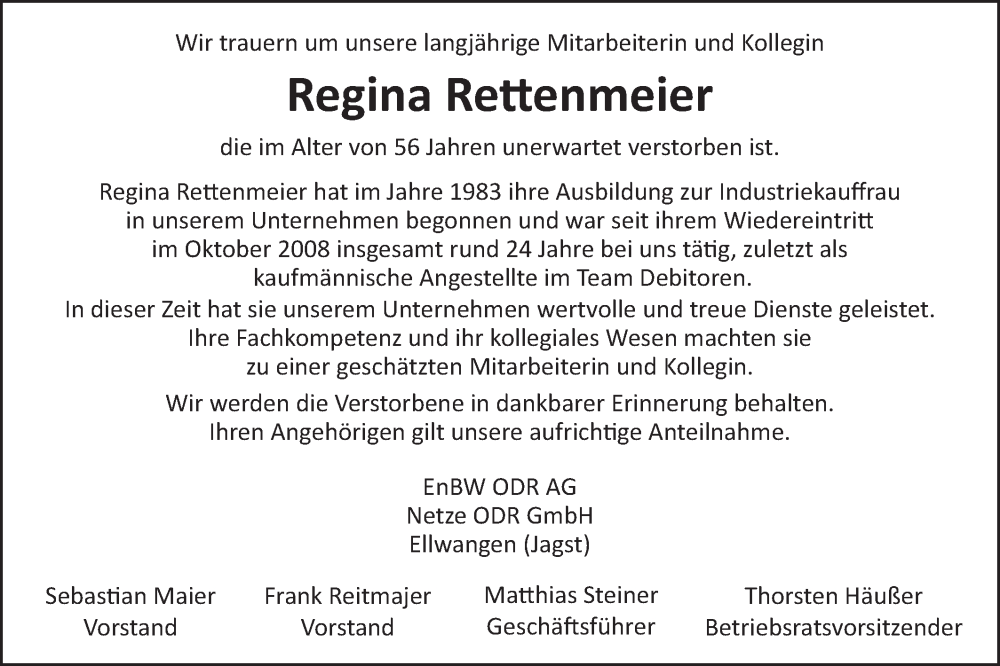  Traueranzeige für Regina Rettenmeier vom 06.12.2023 aus Schwäbische Post