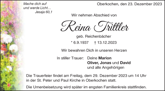 Traueranzeige von Reina Trittler von Schwäbische Post