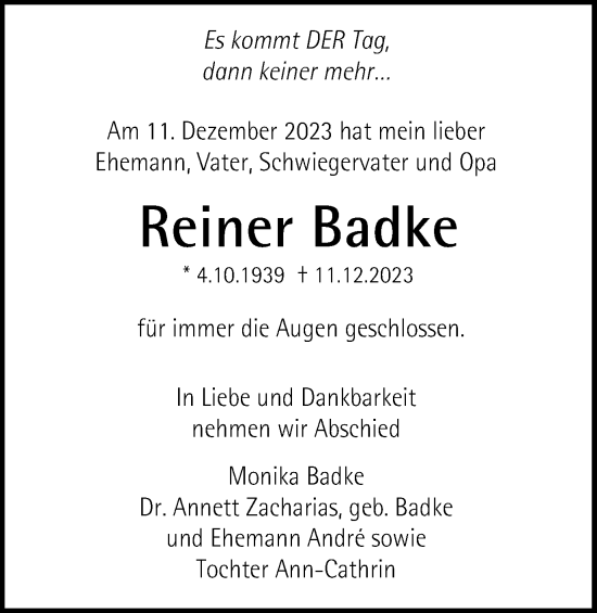 Traueranzeige von Reiner Badke von Gmünder Tagespost