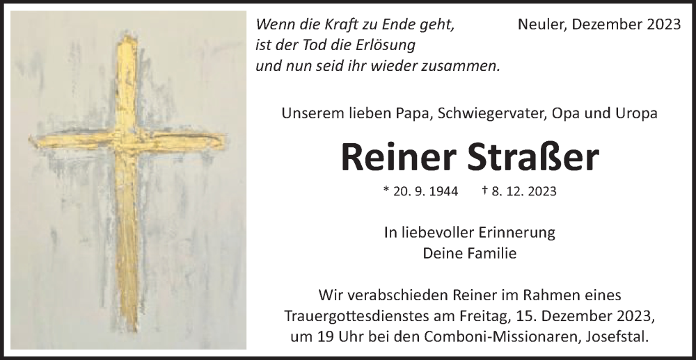  Traueranzeige für Reiner Straßer vom 12.12.2023 aus Schwäbische Post