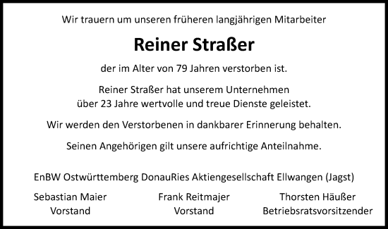 Traueranzeige von Reiner Straßer von Schwäbische Post