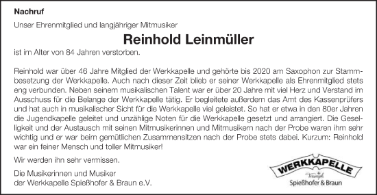Traueranzeige von Reinhold Leinmüller von Gmünder Tagespost