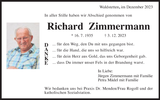 Traueranzeige von Richard Zimmermann von Gmünder Tagespost