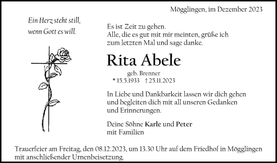 Traueranzeige von Rita Abele von Gmünder Tagespost