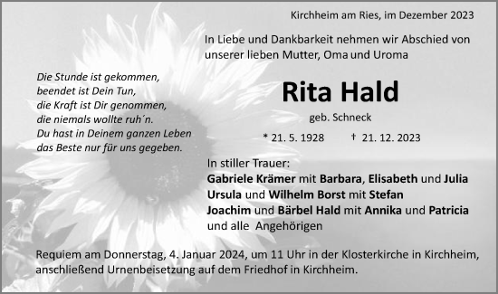 Traueranzeige von Rita Hald von Schwäbische Post