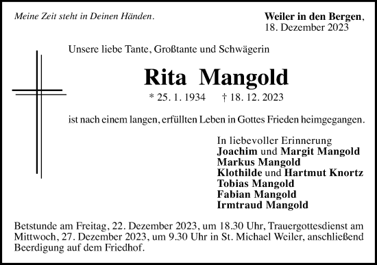 Traueranzeige von Rita Mangold von Gmünder Tagespost