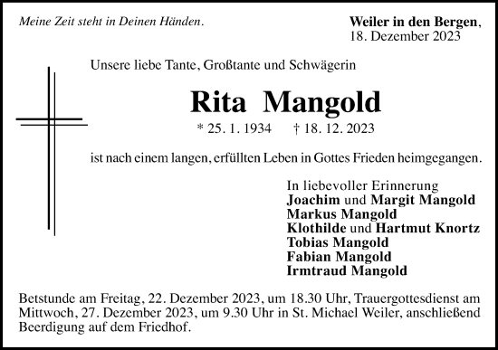 Traueranzeige von Rita Mangold