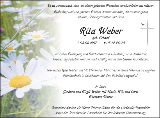 Traueranzeige von Rita Weber von Schwäbische Post