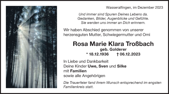 Traueranzeige von Rosa Marie Klara Troßbach von Schwäbische Post