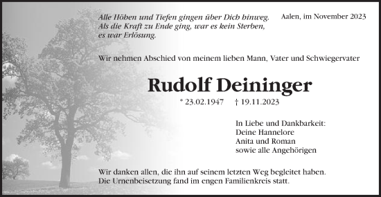 Traueranzeige von Rudolf Deininger von Schwäbische Post