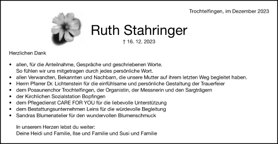 Traueranzeige von Ruth Stahringer von Schwäbische Post
