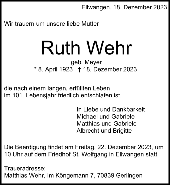 Traueranzeige von Ruth Wehr von Schwäbische Post