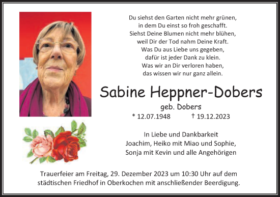 Traueranzeige von Sabine Heppner-Dobers von Schwäbische Post