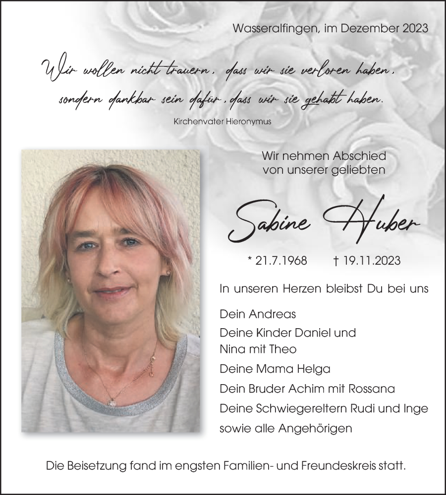  Traueranzeige für Sabine Huber vom 01.12.2023 aus Schwäbische Post