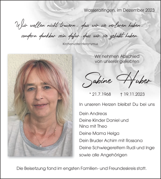 Traueranzeige von Sabine Huber von Schwäbische Post