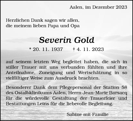 Traueranzeige von Severin Gold von Schwäbische Post