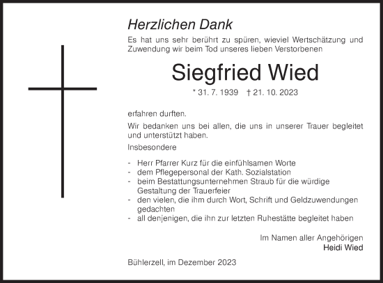 Traueranzeige von Siegfried Wied von Schwäbische Post