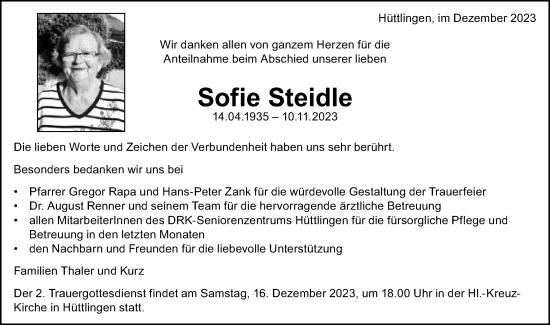 Traueranzeige von Sofie Steidle von Schwäbische Post